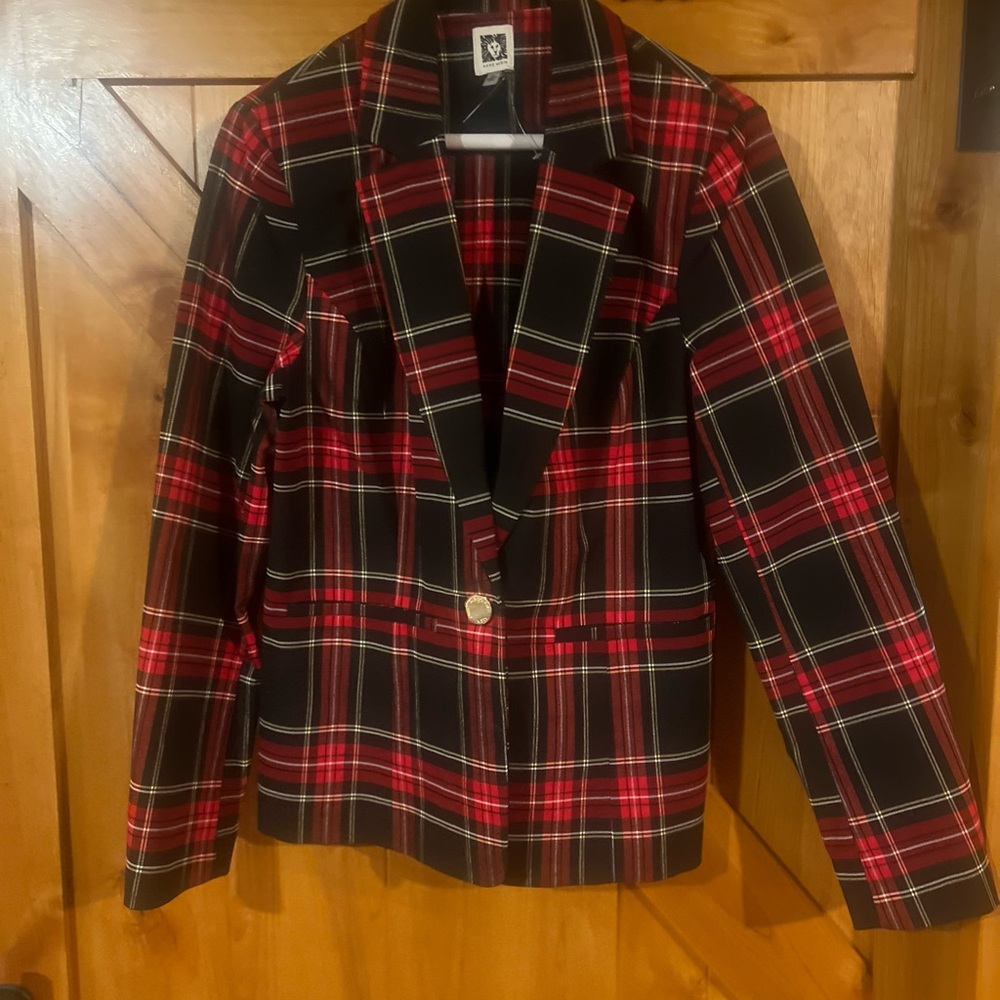 Anne Klein Vibrant Red and Black Plaid Blazer